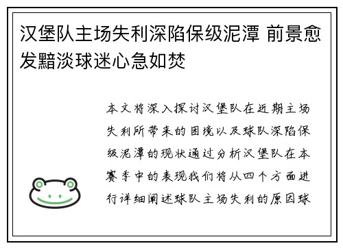 汉堡队主场失利深陷保级泥潭 前景愈发黯淡球迷心急如焚