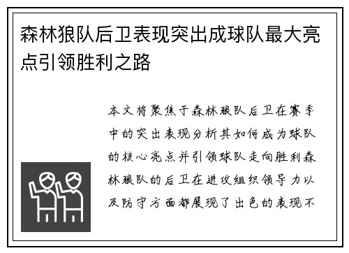 森林狼队后卫表现突出成球队最大亮点引领胜利之路