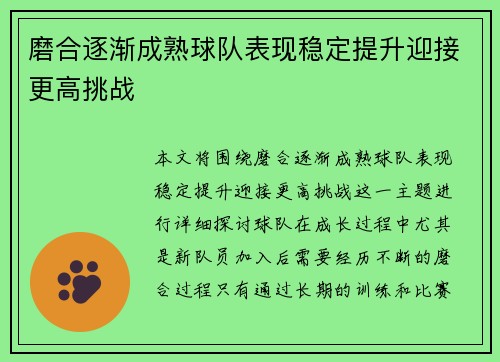 磨合逐渐成熟球队表现稳定提升迎接更高挑战
