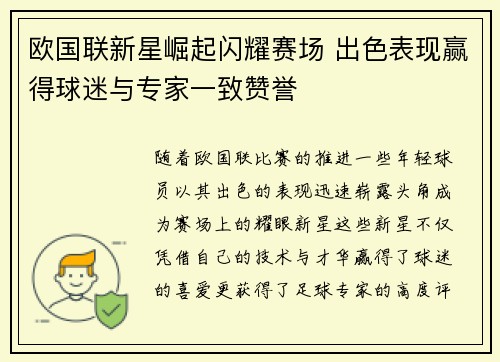 欧国联新星崛起闪耀赛场 出色表现赢得球迷与专家一致赞誉